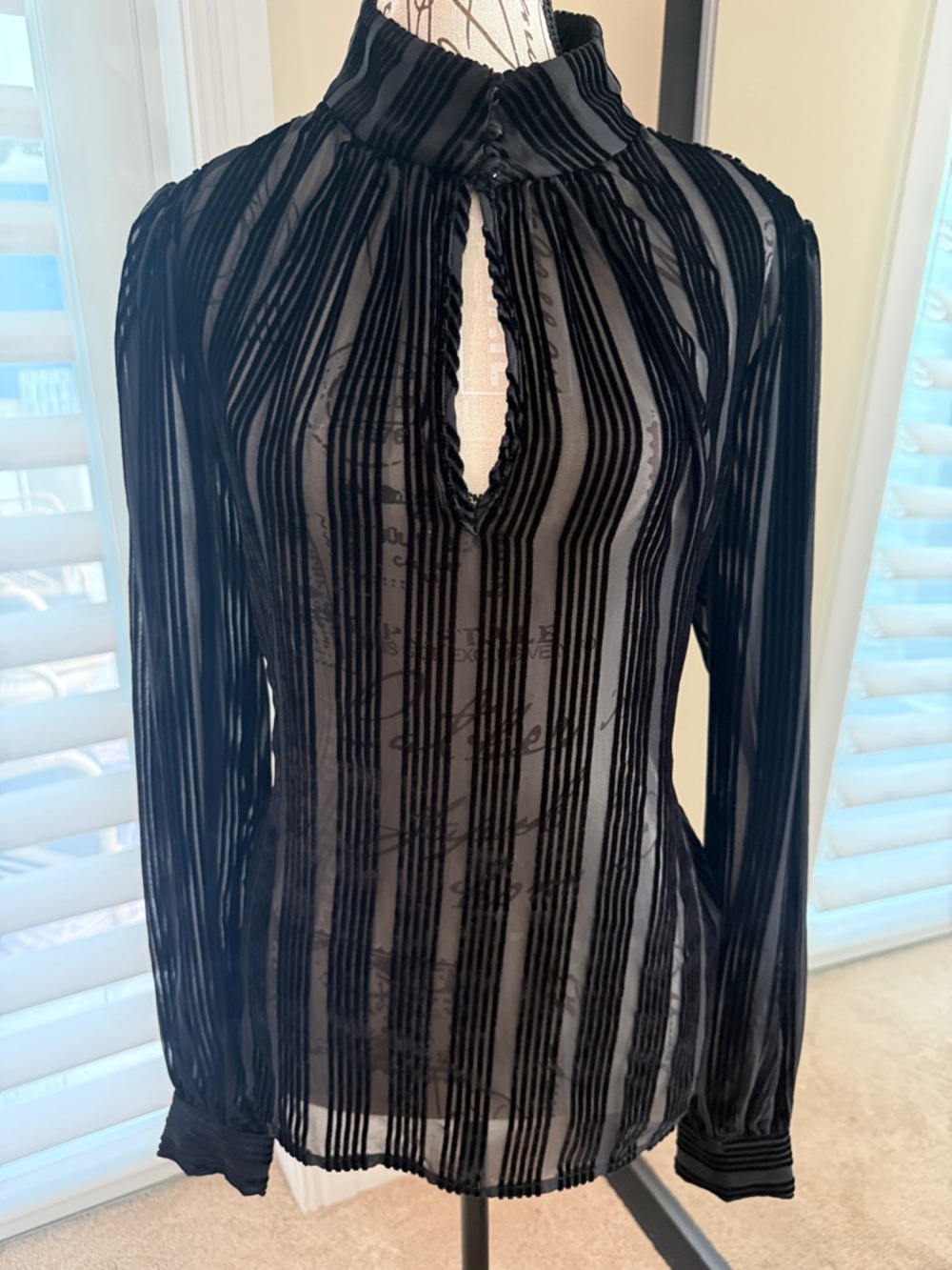 PAIGE Black Sheer Vertical-Stripe Keyhole Blouse